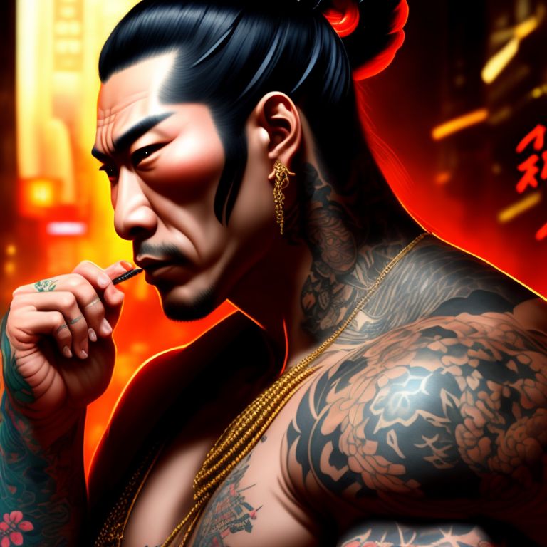 yakuza boss with ancient japanese tattoos, Kawaii, Digital art, trending on artstation by boris vallejo, 4k, masterpiece of new york, 8k, hd hd, trending
