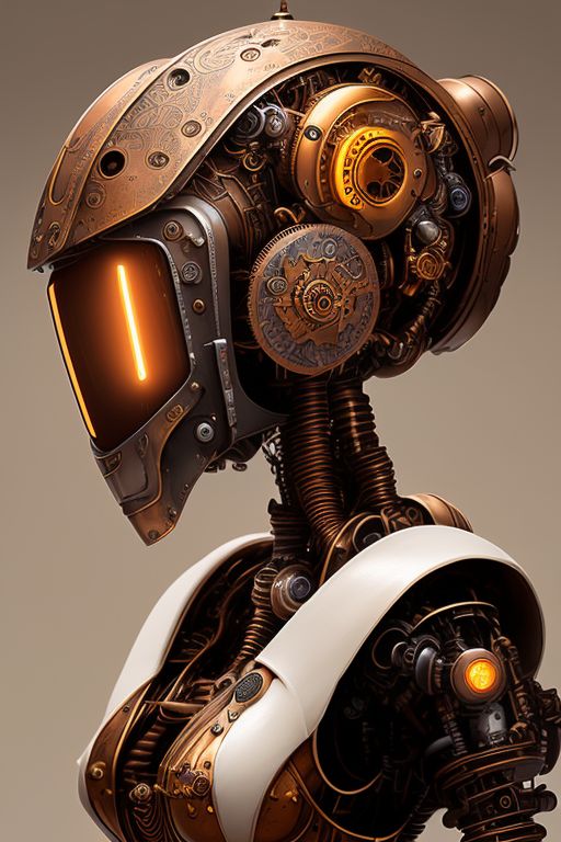 ((Photorealistic,female, Steampunk robot, sideview, embossed metal, fine carvings, brown white theme))