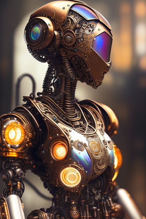 ((64k, accents, Photorealistic, insanely realistic,female, Steampunk robot, sideview, embossed metal, fine carvings, brown bronze white theme))