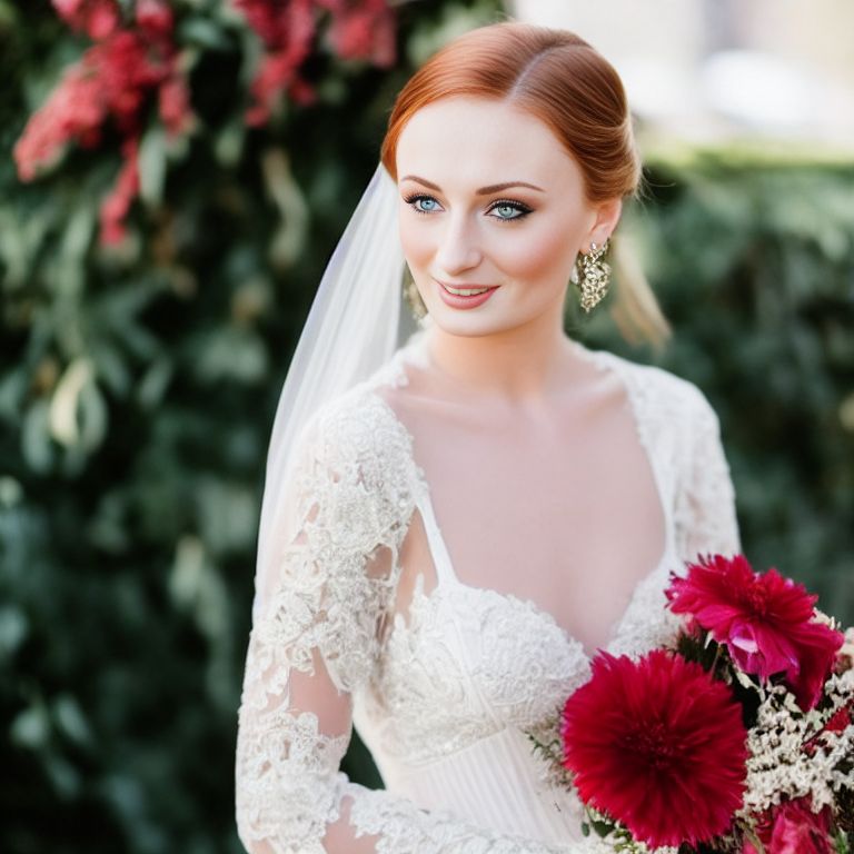 writhing-ant322: Sophie Turner in vintage bridal gown with flowers.