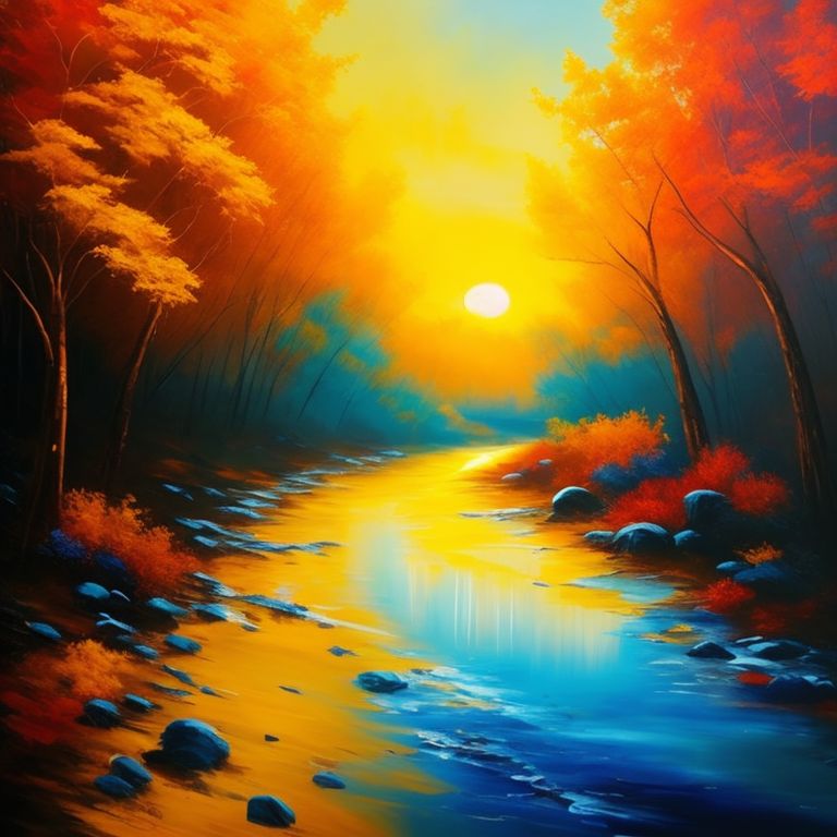 runny-mouse471: Envision a romantic sunset scene where a couple stands arm  in arm by the flowing river, watching the grazing deer and soaring birds in  the lush greenery around them. The warm