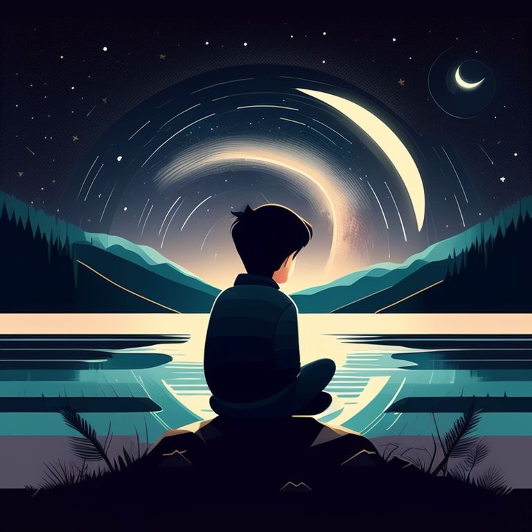 droopy-shrew169: a lonely boy sitting by a lakeside looking at starry sky