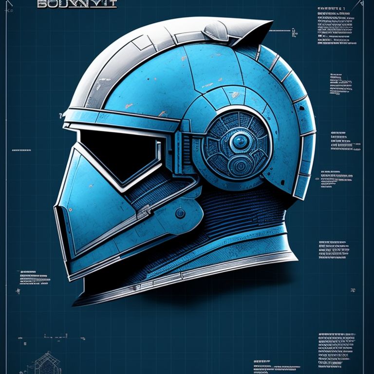 An armored bounty hunter with a helmet, (blueprint:1.3), technical drawing, Illustration, Cross section