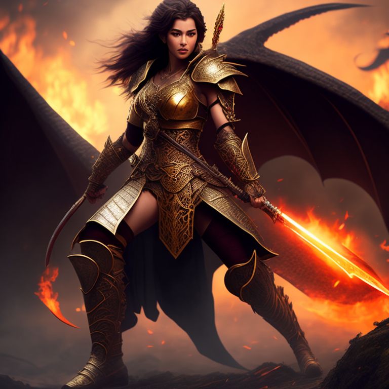 horrible-fly725: In a fantastical world filled with mythical creatures and  ancient ruins, a fearless female warrior clad in a brilliant gold armor  clashes swords with a towering, fire-breathing dragon. Her armor glimmers