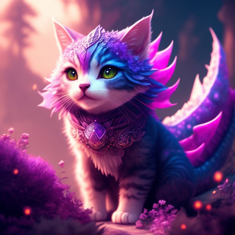 A cute  cat dragon, in a dream-like environment with pink and purple hues, Intricate, Highly detailed, Smooth, Artstation, Fantasy, trending on deviantart, art by aimee stewart and destinyblue and loish and artgerm.