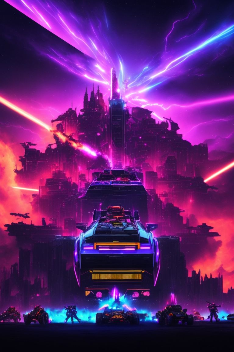 dark purple neon delorean cars racing scene with action fighting scene shoot sonic wave boom at the tower of babel in ruins on fire in the background split screen mecha voltron transformers mazinger z shogun warriors robots fighting each other in the sky transforming synthwave, synthwave cyberpunk