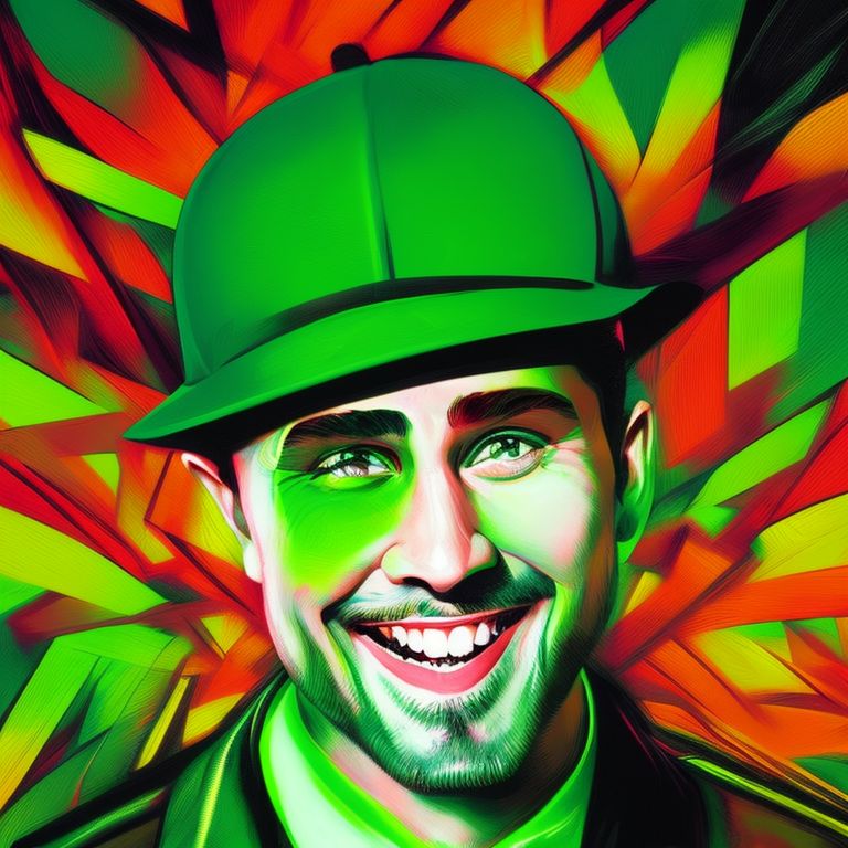 Portrait, cross-eyed, psychotic, green clothes, laughing, crazy, man, happy, rich, money, Full shot, Cory Walker, Ryan Ottley, Illustrated, Concept art
