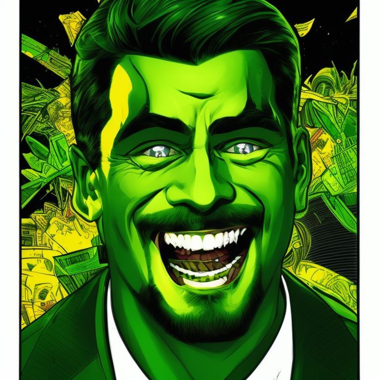 Portrait, cross-eyed, psychotic, green clothes, laughing, crazy, man, rich, money, Full shot, Cory Walker, Ryan Ottley, Illustrated, Concept art