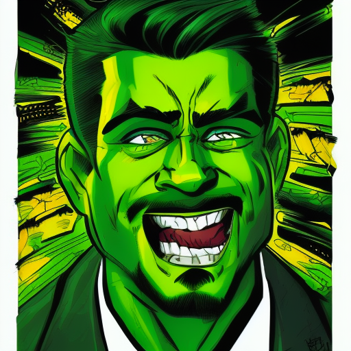 Portrait, cross-eyed, psychotic, green clothes, laughing, crazy, man, rich, money, Full shot, Cory Walker, Ryan Ottley, Illustrated, Concept art
