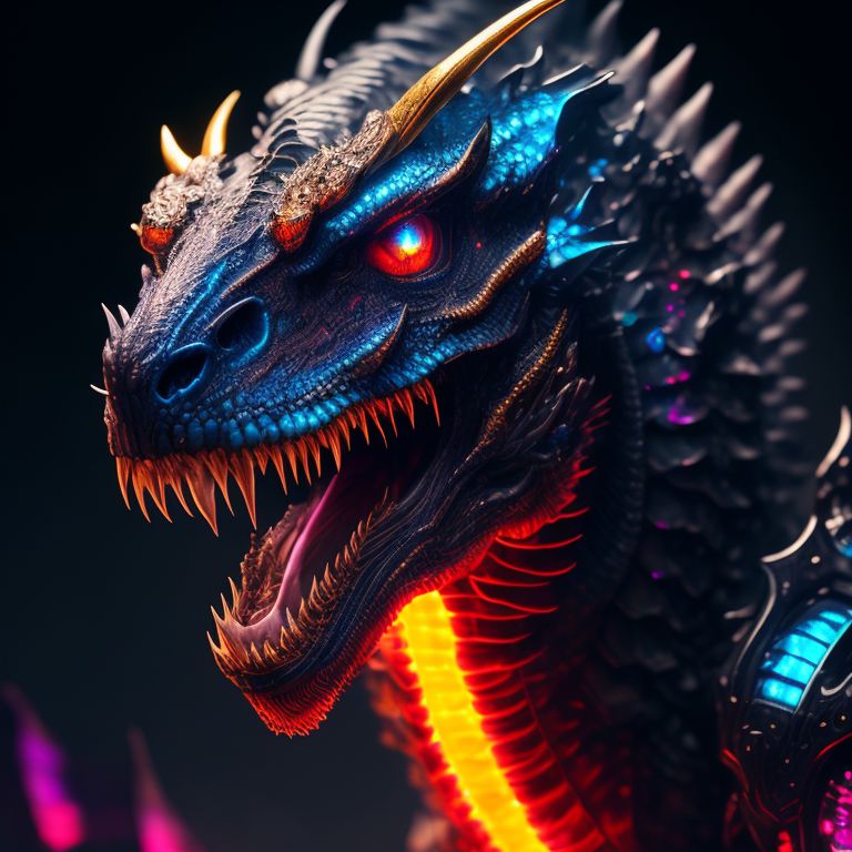 rileyfoster: portrait of a roaring neon skeleton dragon with iridescent ...