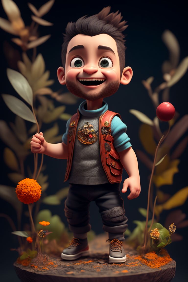 Tiny, Cute, small, heighted, strong boy, in biker suite, hand in pant pocket, dashing face, smile, running, jumping, dark eyes, standing, bending on the right, style, fingers, dark background, Miniature, Diorama, Orthographic view, Cinematic lighting, Gediminas Pranckevičius, Giuseppe Arcimboldo, Goro Fujita, Intricate, Hyper detailed, 4k