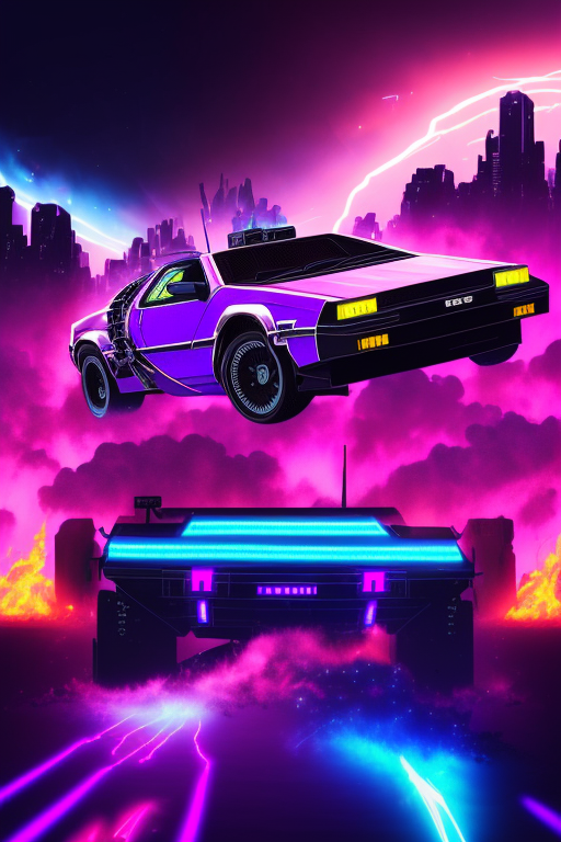 dark purple neon delorean cars with huge boombox speakers firing visible sonic boom waves  racing scene with action fighting scene shoot sonic wave boom at the tower of babel in ruins on fire in the background split screen mecha voltron transformers mazinger z shogun warriors robots fighting each other in the sky transforming synthwave, synthwave cyberpunk