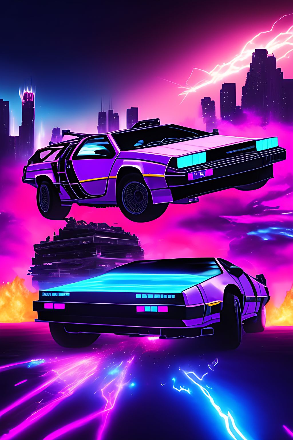 dark purple neon delorean cars with huge boombox speakers firing visible sonic boom waves  racing scene with action fighting scene shoot sonic wave boom at the tower of babel in ruins on fire in the background split screen mecha voltron transformers mazinger z shogun warriors robots fighting each other in the sky transforming synthwave, synthwave cyberpunk