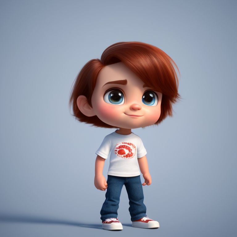 standing centered, Pixar style, 3d style, disney style, 8k, Beautiful, Andy, Round, Medium, Big Eyes, Small Nose, Small Mouth, Raised Eyebrows, Short, Messy Brown Hair, Average Proportions, Blue Jeans, White T-shirt, Red Sneakers, Friendly, Talkative, Energetic