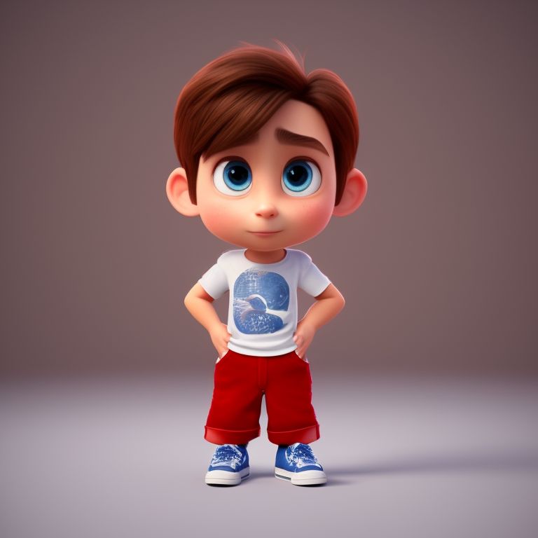 standing centered, Pixar style, 3d style, disney style, 8k, Beautiful, Andy, Round, Medium, Big Eyes, Small Nose, Small Mouth, Raised Eyebrows, Short, Messy Brown Hair, Average Proportions, Blue Jeans, White T-shirt, Red Sneakers, Friendly, Talkative, Energetic
