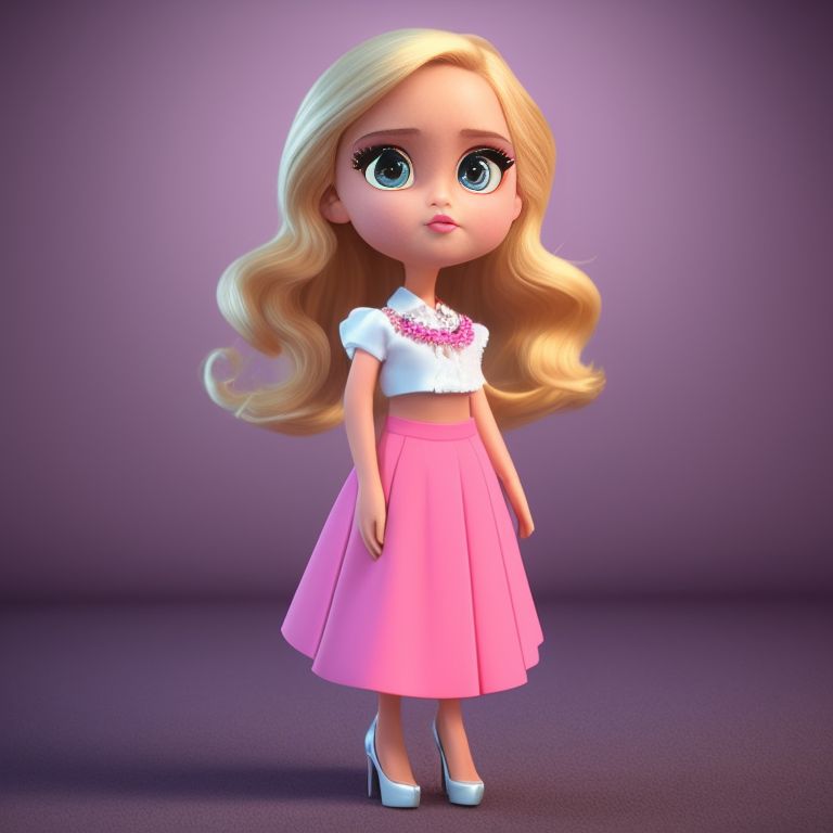 standing centered, Pixar style, 3d style, disney style, 8k, Beautiful, Olivia, Heart-Shaped, Medium, Big Eyes, Small Nose, Full Lips, Raised Eyebrows, Long, Wavy Blonde Hair, Curvy Proportions, Pink Blouse, High-Waisted Skirt, High Heels, Pearl Necklace, Confident, Outgoing, Sassy