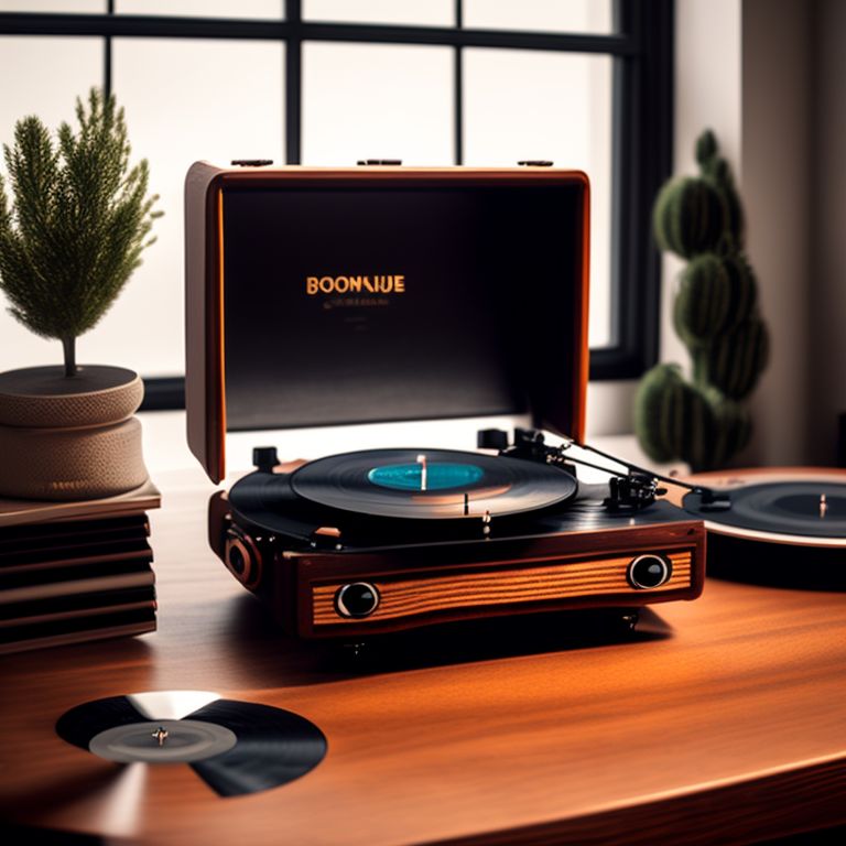 (((A vintage record player and a stack of vinyl records on a table))), Crystal, Caustics, On a wood table, Canon 50mm, Bokeh, Dark cinematic lighting, Vintage, Still life, 1960s, warm tones, 16:9, Digital, 1080p, 50mm, rule of thirds, inverse square law, low key, evening, Interior, living room, wooden coffee table, 8, 4k, music, Nostalgia