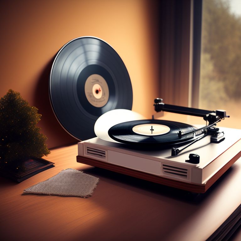 (((A vintage record player and a stack of vinyl records on a table))), Crystal, Caustics, On a wood table, Canon 50mm, Bokeh, Dark cinematic lighting, Vintage, Still life, 1960s, warm tones, 16:9, Digital, 1080p, 50mm, rule of thirds, inverse square law, low key, evening, Interior, living room, wooden coffee table, 8, 4k, music, Nostalgia
