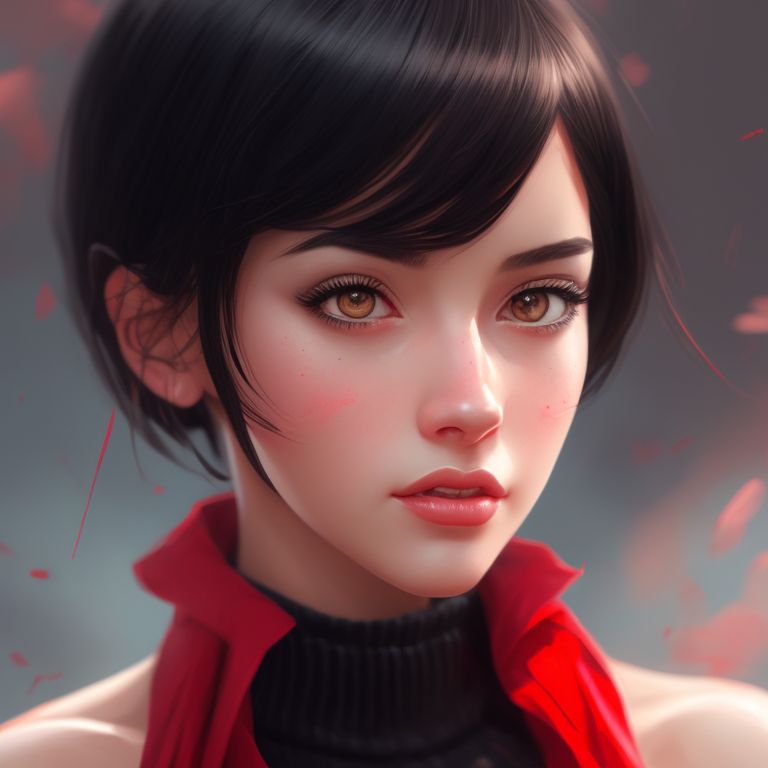 filthy-loris172: red dress girl, black hair, with black eyes and short hair