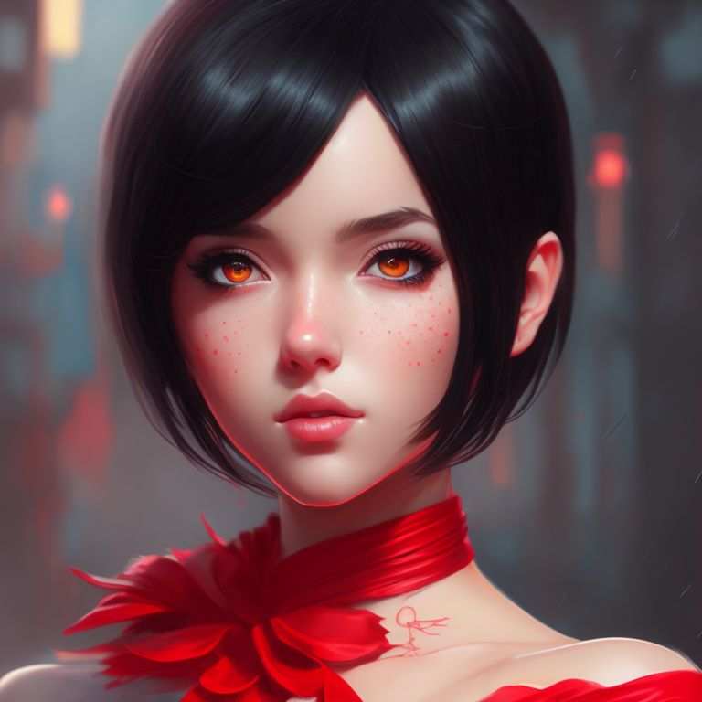 filthy-loris172: red dress girl, black hair, with black eyes and short hair