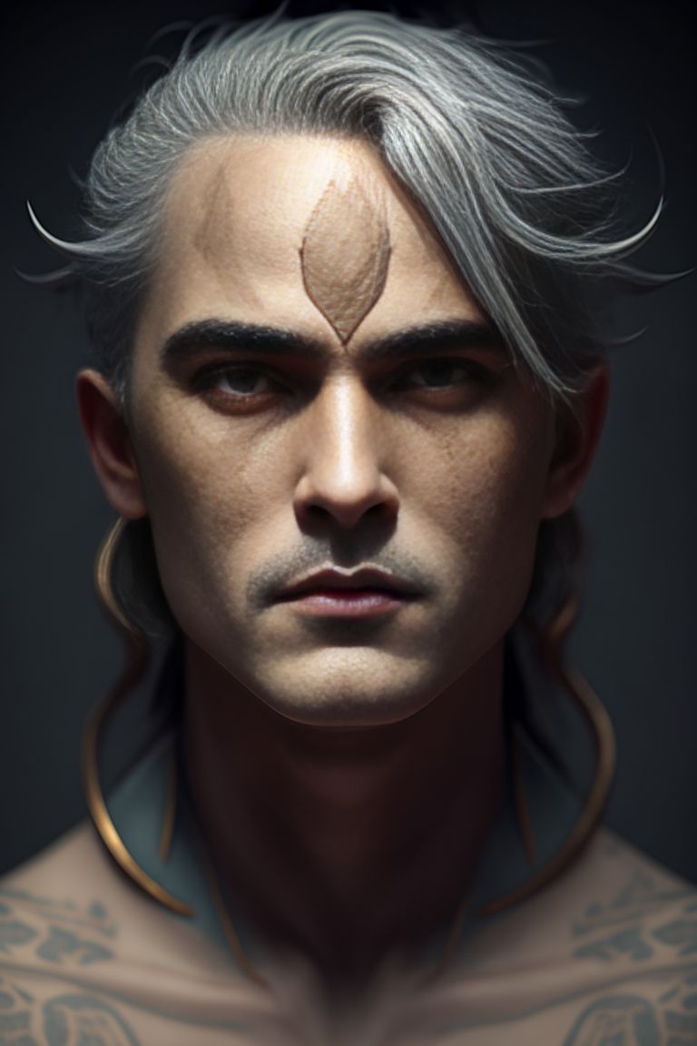 Hyperrealistic photography, Dragon skin Man with H on forehead, By mark ryden and daiyou-uonome, Nicoletta ceccoli production, Cinematic character render, Head to shoulders portrait, Hyper detailed, By james jean , By sachin teng, Trending on CGSociety, Artstation, Beautiful detailed face, Centered shot, Centered in frame, Intricately detailed, Intricate design cinematic lighting