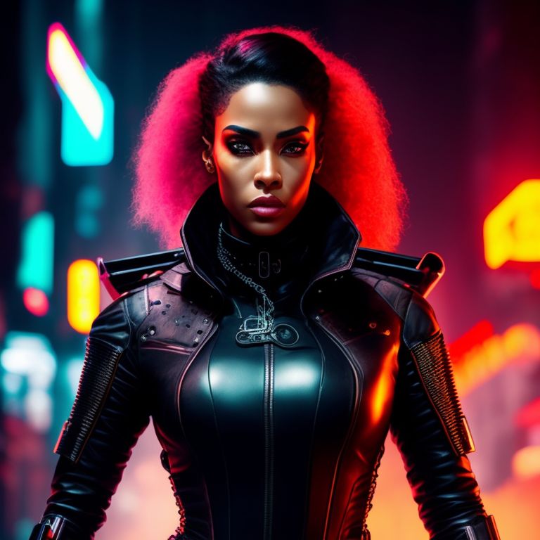 buttery-hawk795: As a female lead in a dark sci-fi movie, she dons a black  leather bodysuit and a deep red coat, striding down a neon-lit alley as the  rain pours down around