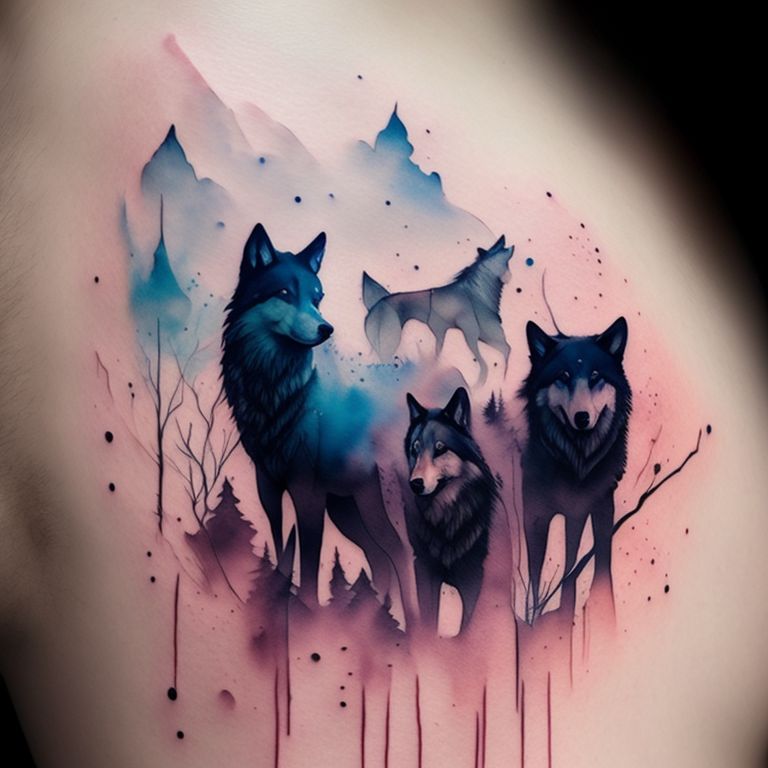 burlylark18 A watercolor tattoo design featuring a pack of wolves