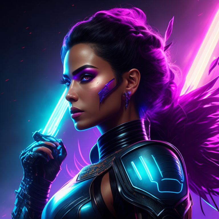 open-tiger73: As the camera pans down, we see a fierce female warrior  standing tall and proud, clad in a shimmering purple bodysuit with metallic  detailing. Her sleek, jet black hair is pulled