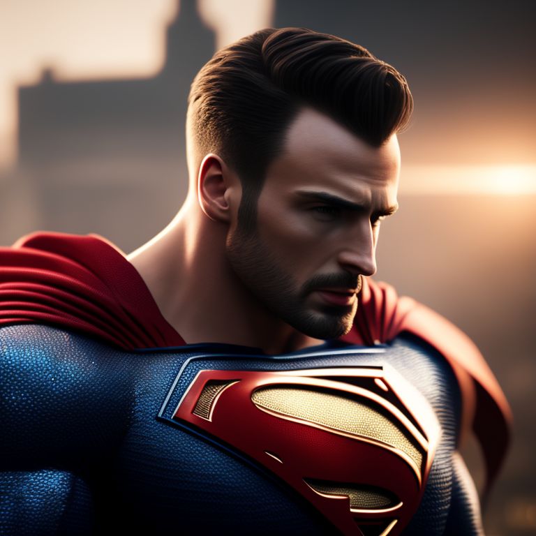actor chris evans is superman, wearing superman suit, precise face, Color palette, 8k super realistic, Intricate details, 3d octane rendering, Detailed, Realistic, Ultra realistic, Hyper detailed, cyberpunk armor with parts biomechanic and exosuit, hyper realistic texture, incredibly perfect, incredibly majestic in its complexity, surreal textures, otherworldly photorealism, 8k rendering, lumion 6 rendering, natural autumn sunlight, perfect body