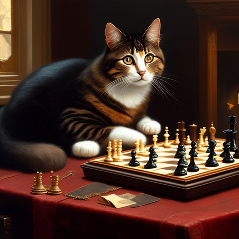 sad-quail529: oil painting of a cat playing chess