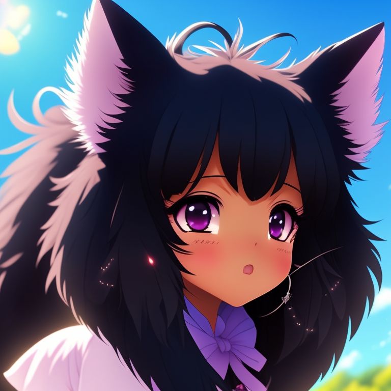 equaljay936 black girl, darkskinned, anime girl, black fluffy long hair, black fluffy fox
