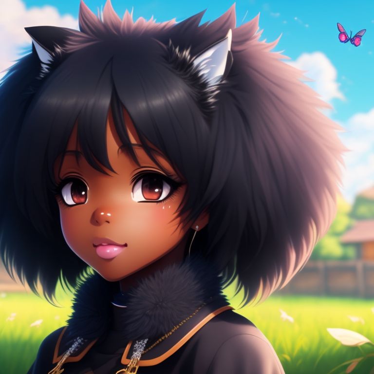 Afraid Crow244 Black Girl Dark Skin Anime Girl Black Fluffy Long Hair Black Fluffy Fox Tail 8945