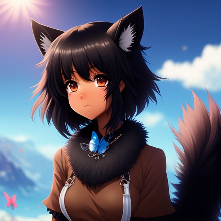 Afraid Crow244 Black Girl Dark Skin Anime Girl Black Fluffy Long Hair Black Fluffy Fox Tail 8633