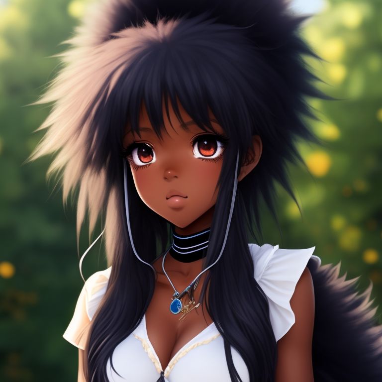 afraidcrow244 black girl, dark skin, anime girl, black fluffy long