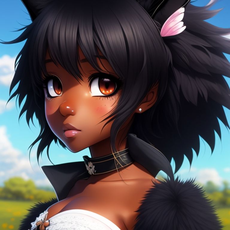 Afraid Crow244 Black Girl Dark Skin Anime Girl Black Fluffy Long Hair Black Fluffy Fox Tail 