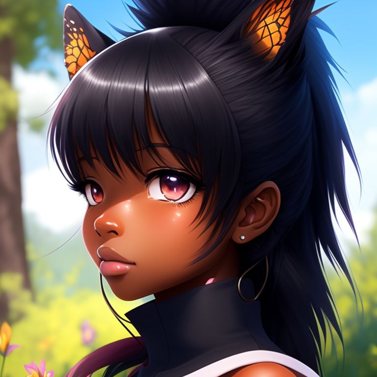 Afraid Crow244 Black Girl Dark Skin Anime Girl Black Fluffy Long Hair Black Fluffy Fox Tail 1805