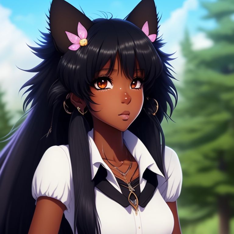 Afraid Crow244 Black Girl Dark Skin Anime Girl Black Fluffy Long Hair Black Fluffy Fox Tail 2509