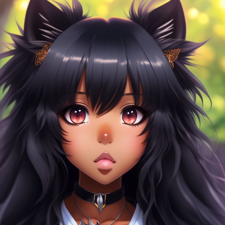 Afraid Crow244 Black Girl Dark Skin Anime Girl Black Fluffy Long Hair Black Fluffy Fox Tail 0232