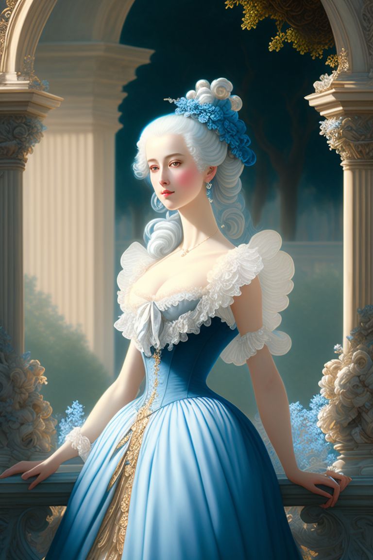 Lilla: french rococo style, adult woman, white hair, blue dress, marie  antoinette style, louvre gardens