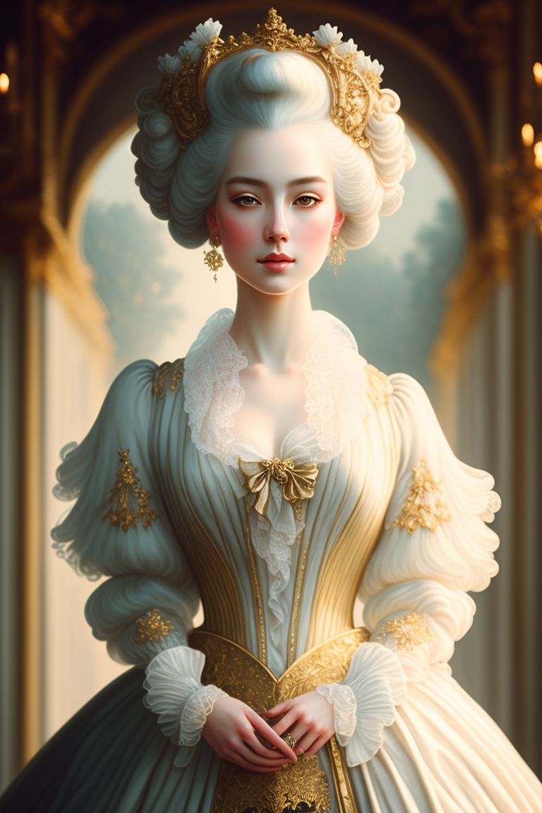 Lilla: french rococo style, adult woman, white hair, blue dress, marie  antoinette style, louvre gardens