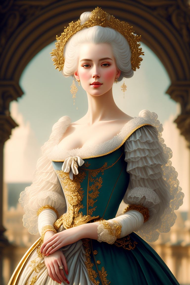 Lilla: french rococo style, adult woman, white hair, blue dress, marie  antoinette style, louvre gardens