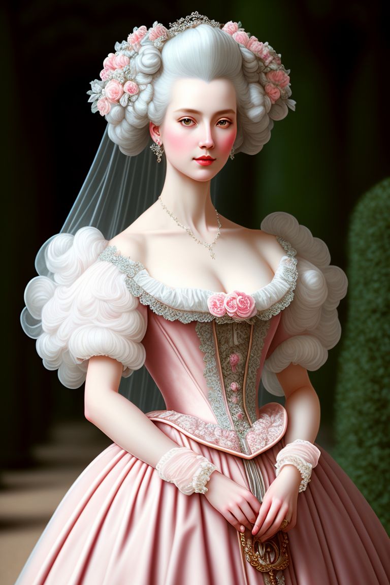 Lilla: french rococo style, adult woman, white hair, blue dress, marie  antoinette style, louvre gardens