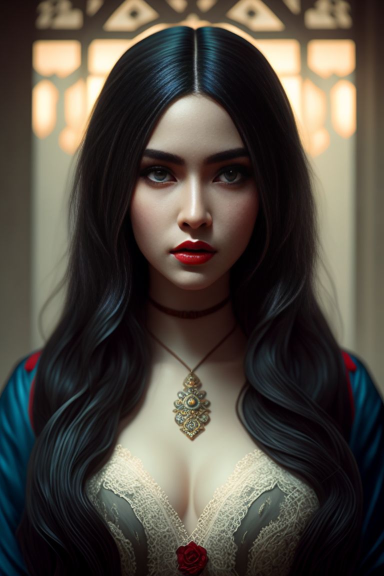 unsung-duck7: sexy woman with soft facial features, loose long hair, long  eyelashes, blue eyes, red lips, white shirt with big neckline, big breast