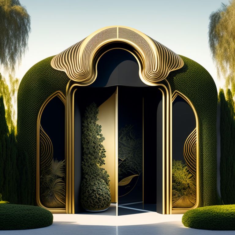 arid-ram792: giorgio armani store front with curves in black and gold theme  with greenery, gaudi style