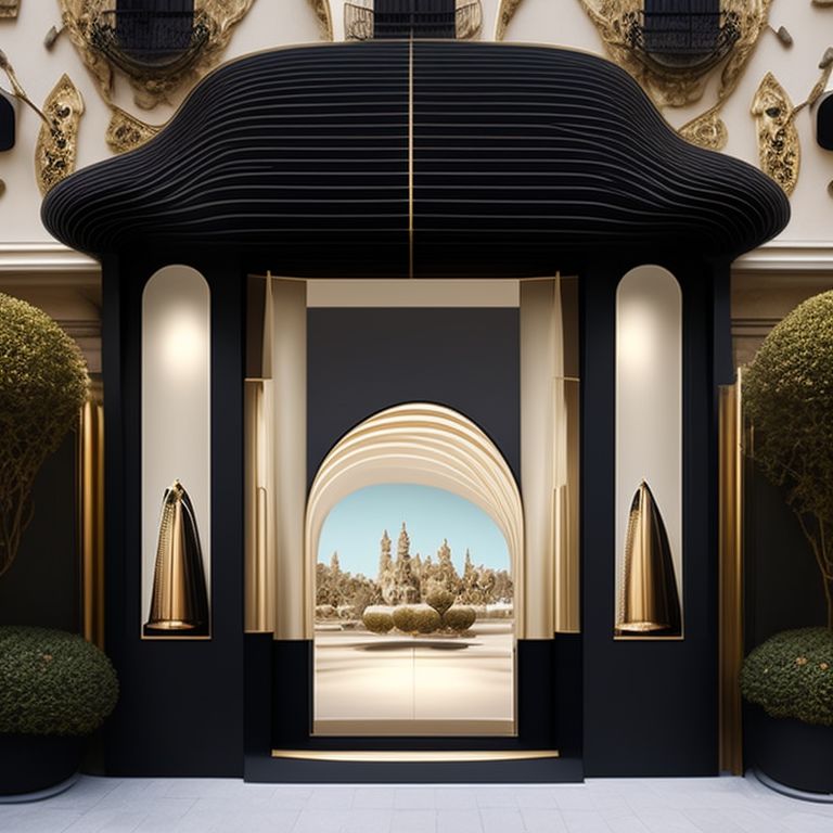 arid-ram792: giorgio armani exterior store front with curves in black and  gold theme, gaudi style