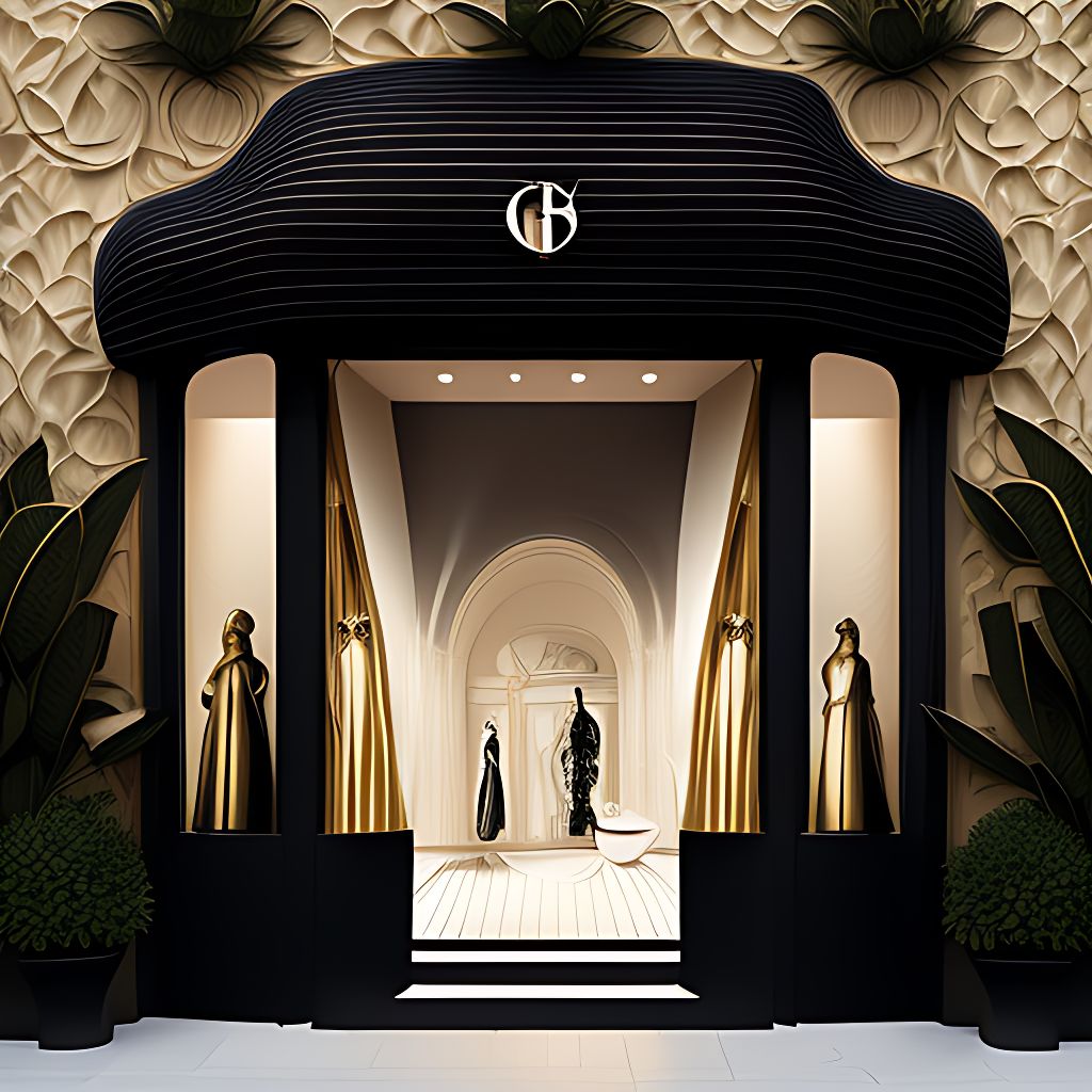 arid-ram792: giorgio armani exterior store front with curves in black and  gold theme, gaudi style