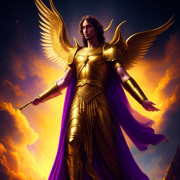 wise-human267: Archangel Michael with a golden robe and purple backround