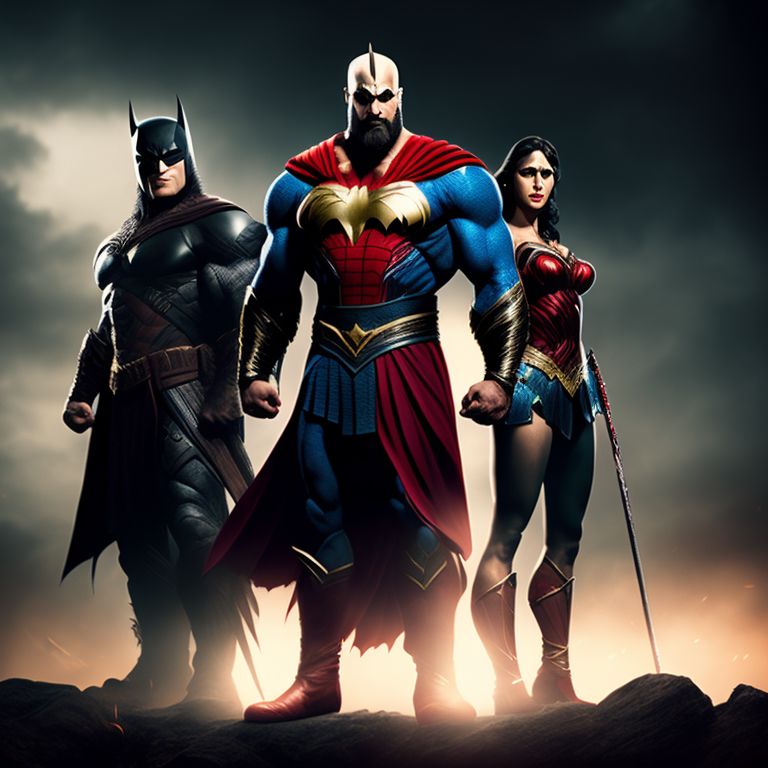 dry-quelea437: Kratos, batman, spiderman, wonder woman superman, hulk  standing together