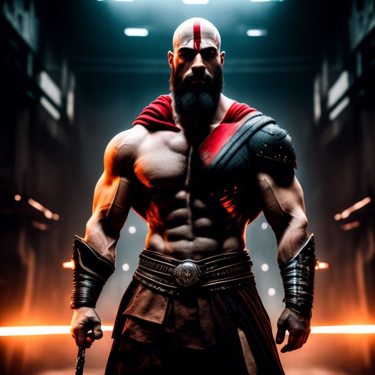 kratos standing in cyborg outfit with dimensions 1080 x 720 
, Cinematic, Photography, Sharp, Hasselblad, Dramatic Lighting, Depth of field, Medium shot, Soft color palette, 80mm, Incredibly high detailed, Lightroom gallery