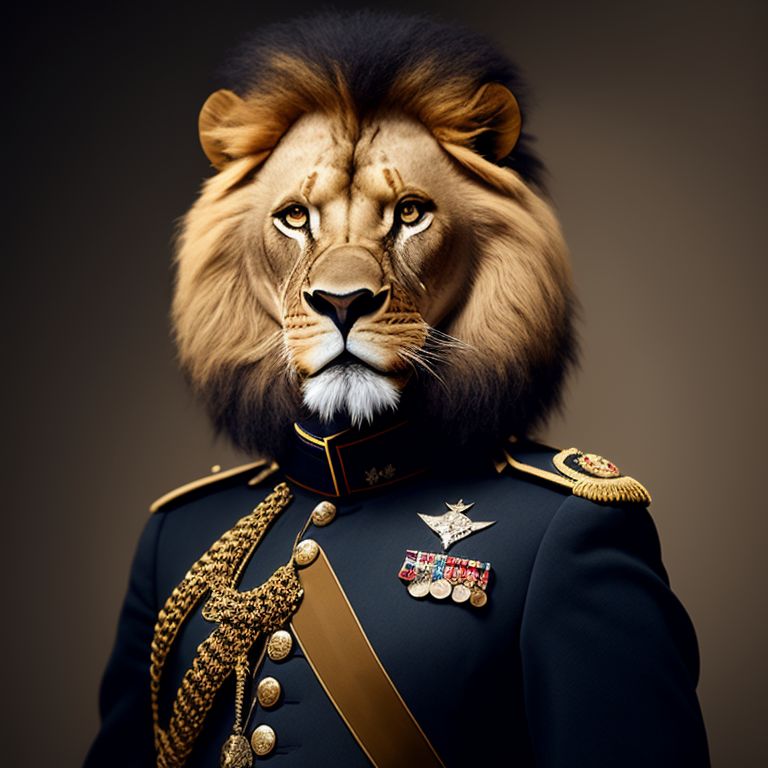 Lion Dressed in Military Uniform Animal Portrait Dressed 